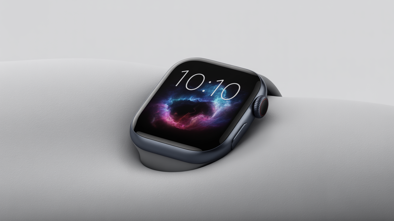 A close-up of a modern smartwatch on a white background, featuring a colorful cosmic nebula design with stars on its face and the time displayed as '10:10'.