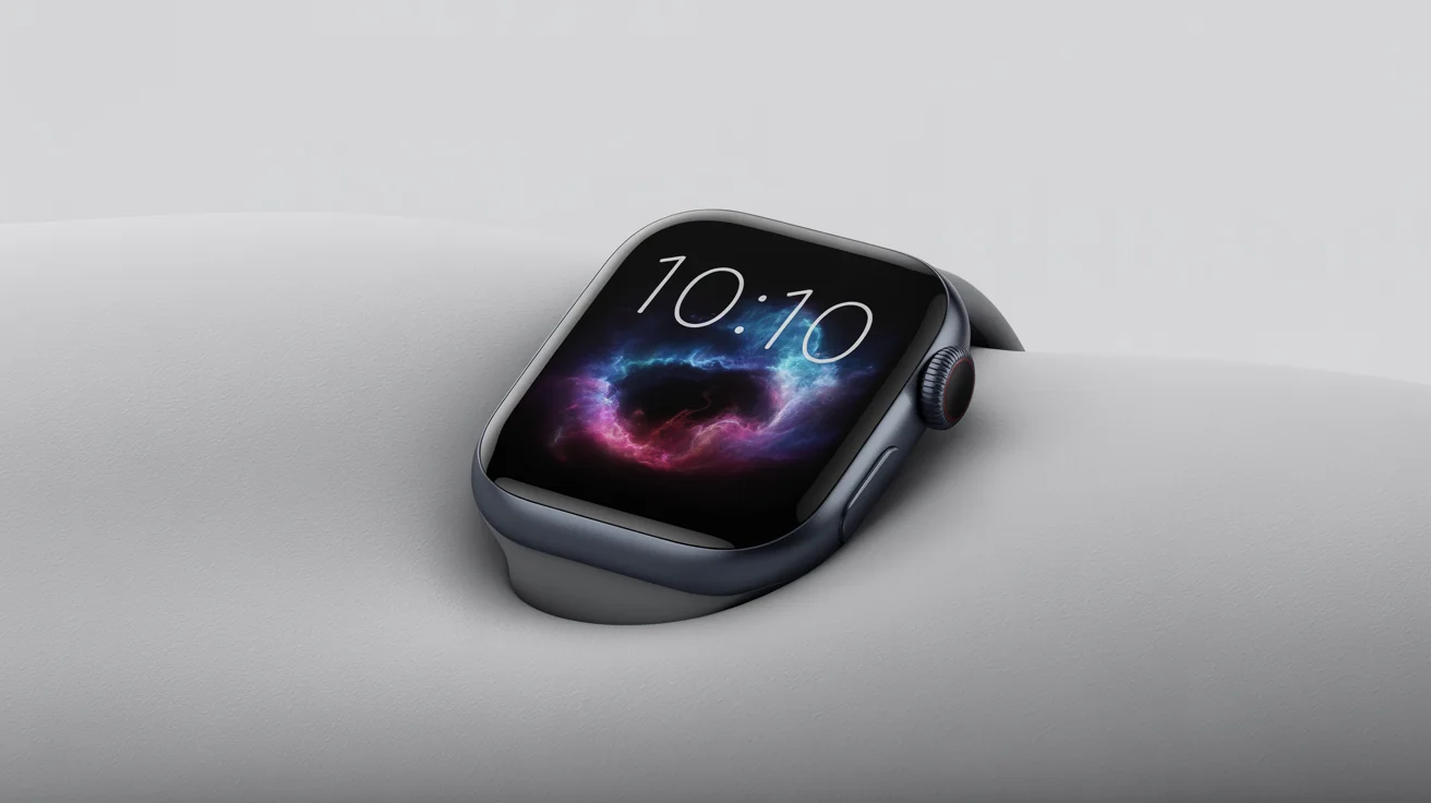 A close-up of a modern smartwatch on a white background, featuring a colorful cosmic nebula design with stars on its face and the time displayed as '10:10'.