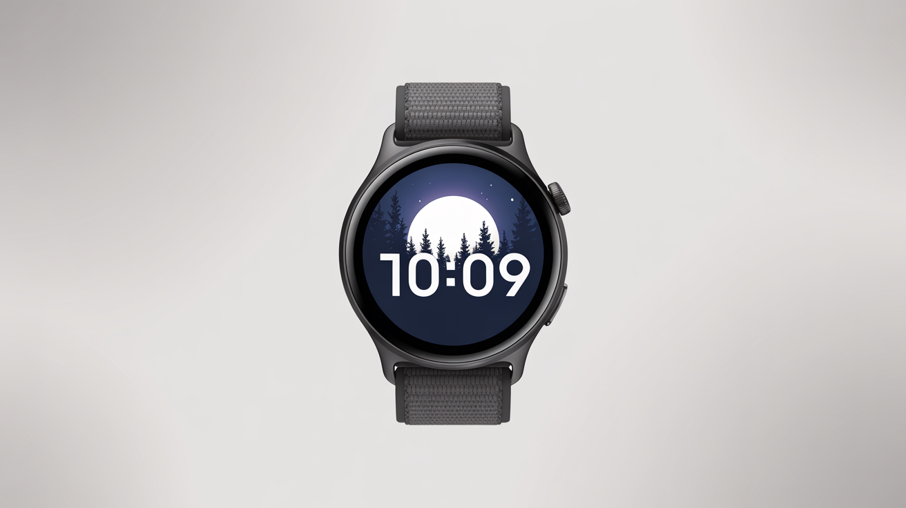 A photorealistic mockup of a modern smartwatch with a dark gray strap, displaying a custom watch face with a night forest and moon design, set against a clean white background.