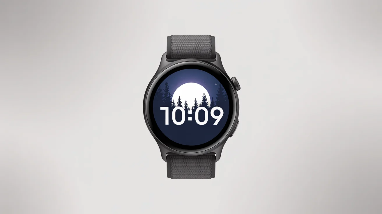 A photorealistic mockup of a modern smartwatch with a dark gray strap, displaying a custom watch face with a night forest and moon design, set against a clean white background.