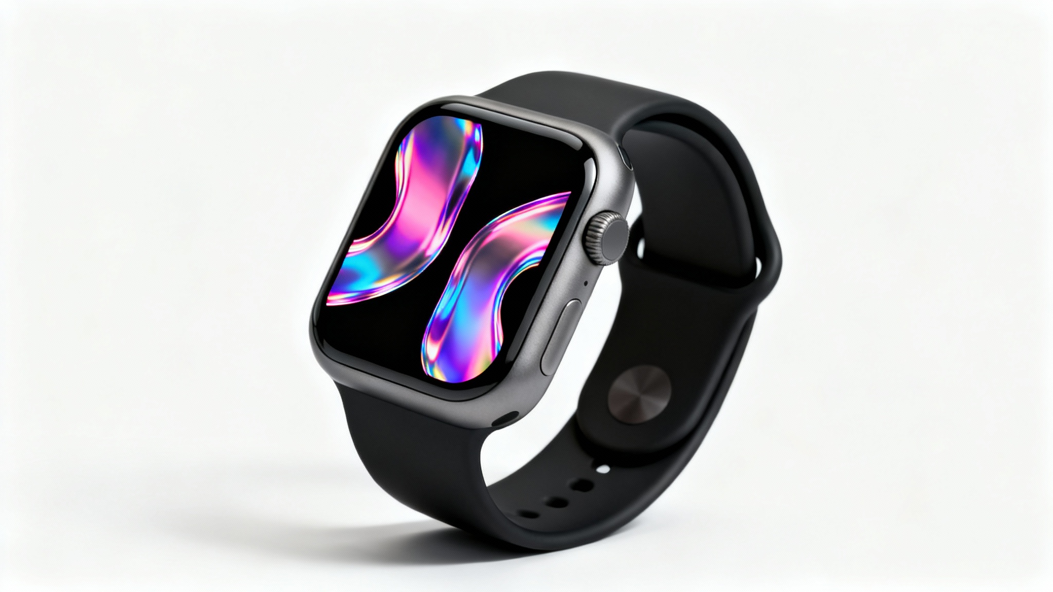 A close-up of a modern smartwatch displaying a custom watch face with a colorful, abstract swirl design, isolated on a white background.