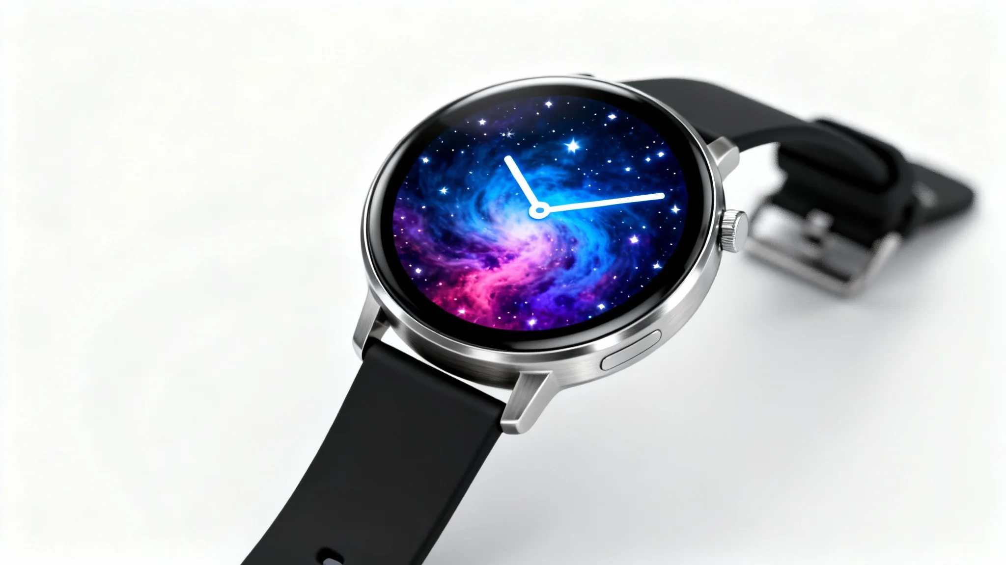 A photorealistic mockup of a modern smartwatch with a black band on a white background. The watch face displays a vibrant, colorful image of a celestial nebula with a digital time readout.