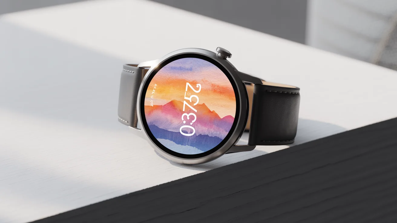 A product mockup of a modern round smartwatch with a black leather strap on a white background, displaying a custom watch face with a watercolor mountain sunrise design.