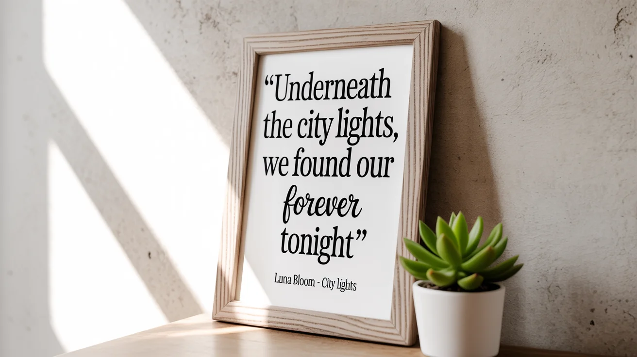 A beautifully framed poster mockup featuring the song lyrics 'Underneath the city lights, we found our forever tonight' in elegant typography, set in a clean, minimalist home decor scene.