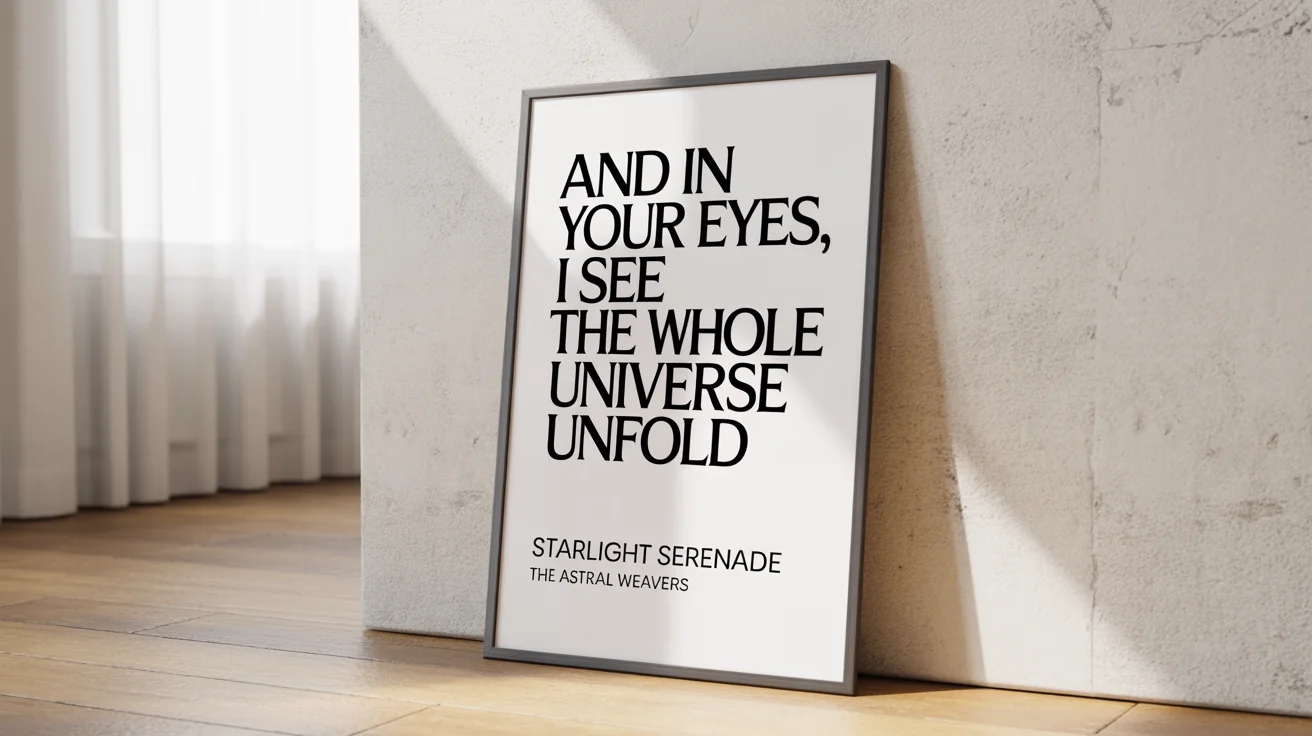 A mockup of a minimalist song lyric poster in a thin black frame, leaning against a white wall. The poster features the text 'AND IN YOUR EYES, I SEE THE WHOLE UNIVERSE UNFOLD' for a custom home decor piece.