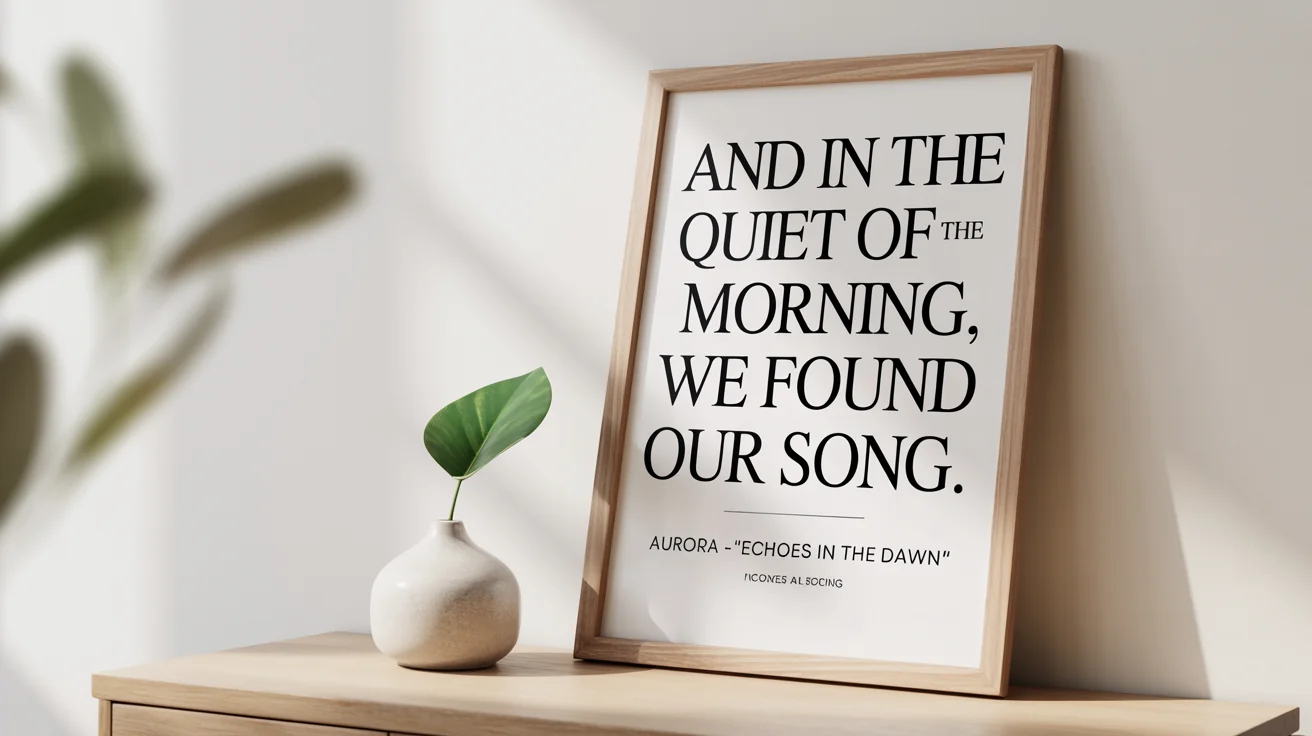 A framed poster with song lyrics sits on a wooden shelf against a white wall, next to a small vase with a green leaf, illustrating a custom home decor piece.