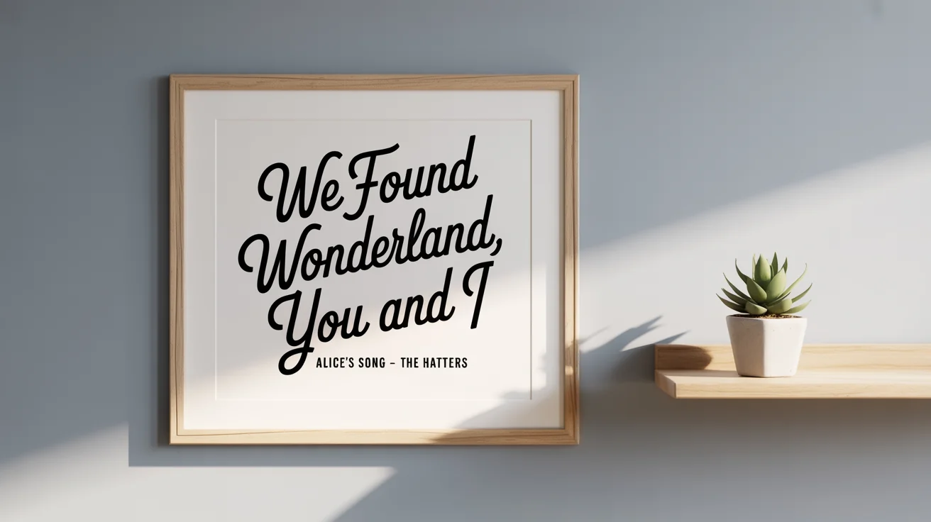 A framed poster with the lyrics 'We found wonderland, you and I' hangs on a wall as home decor, next to a small succulent plant.