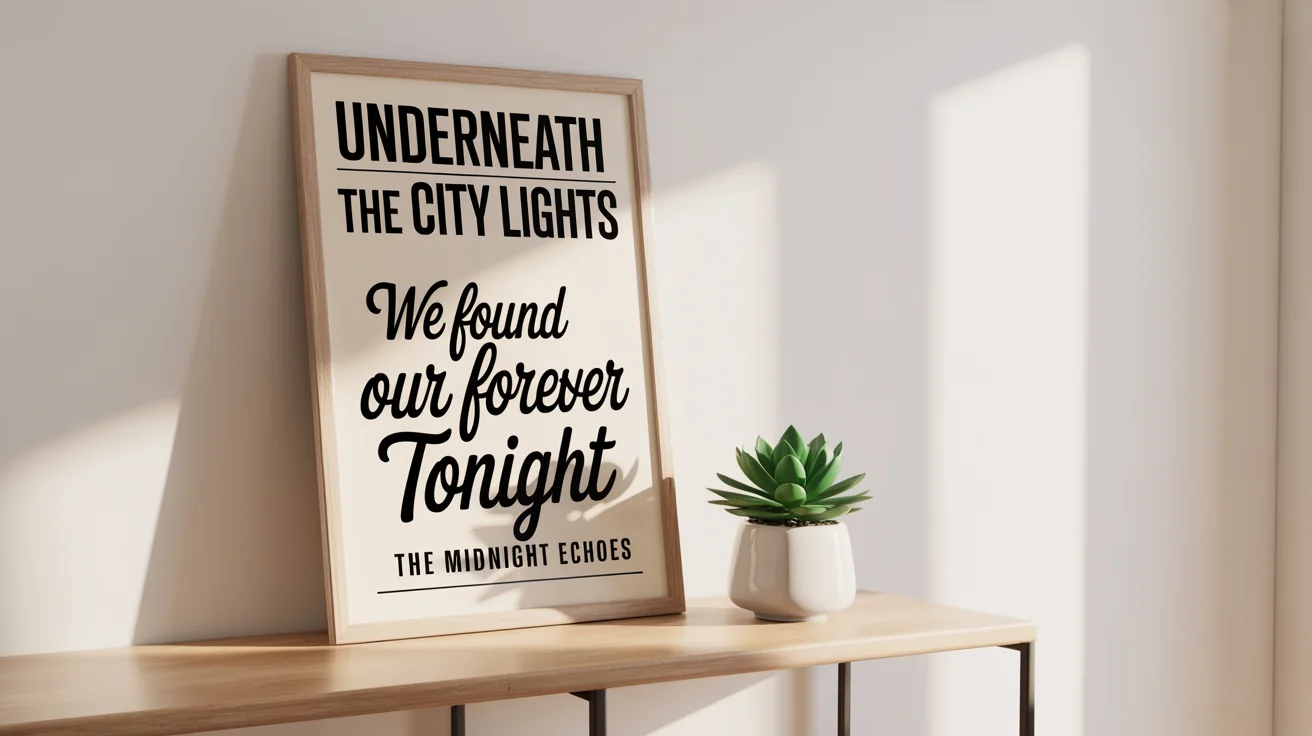 A modern poster featuring the song lyrics 'Underneath the city lights, we found our forever tonight' in elegant typography, framed and displayed as home decor on a shelf against a white wall.