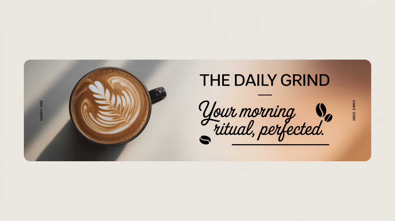 A Facebook banner mockup for a coffee shop named 'The Daily Grind', featuring a photo of latte art and the tagline 'Your Morning Ritual, Perfected'.