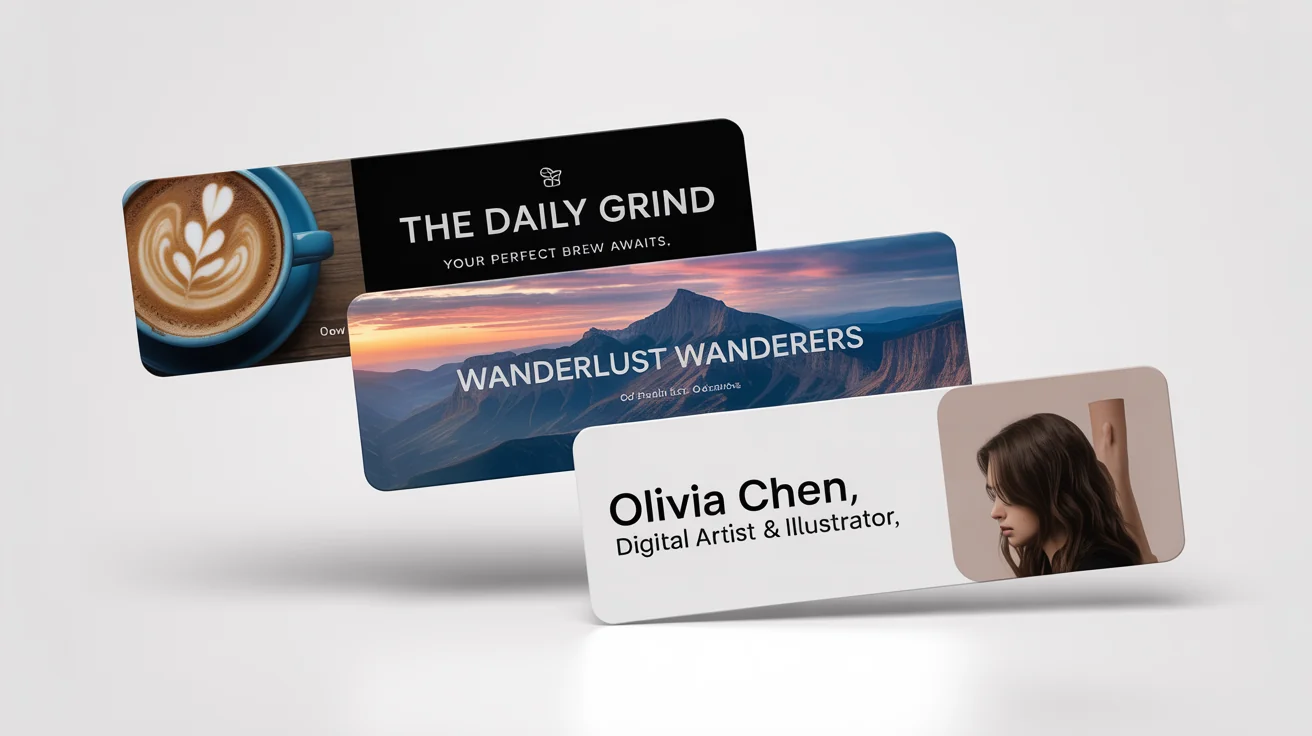 A collection of three professionally designed Facebook banner mockups for a coffee shop, a travel group, and a graphic designer, displayed dynamically against a white background.