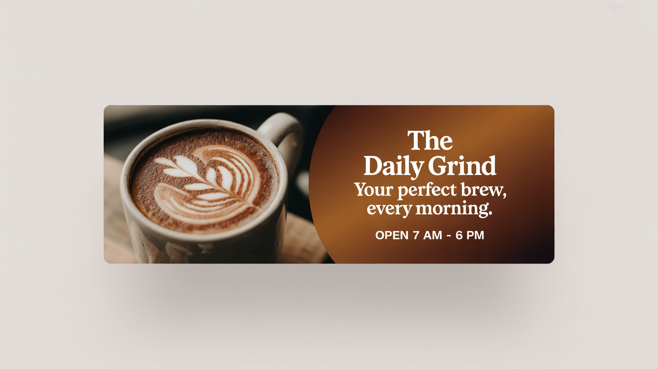 A mockup of a custom Facebook banner for a coffee shop named 'The Daily Grind', featuring a photo of latte art and business information on a white background.