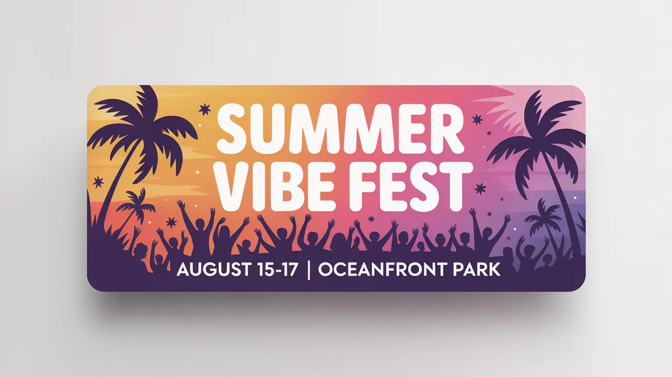 A mockup of a custom Facebook banner designed for a 'Summer Vibe Fest', featuring a colorful sunset gradient, palm tree silhouettes, and event details.