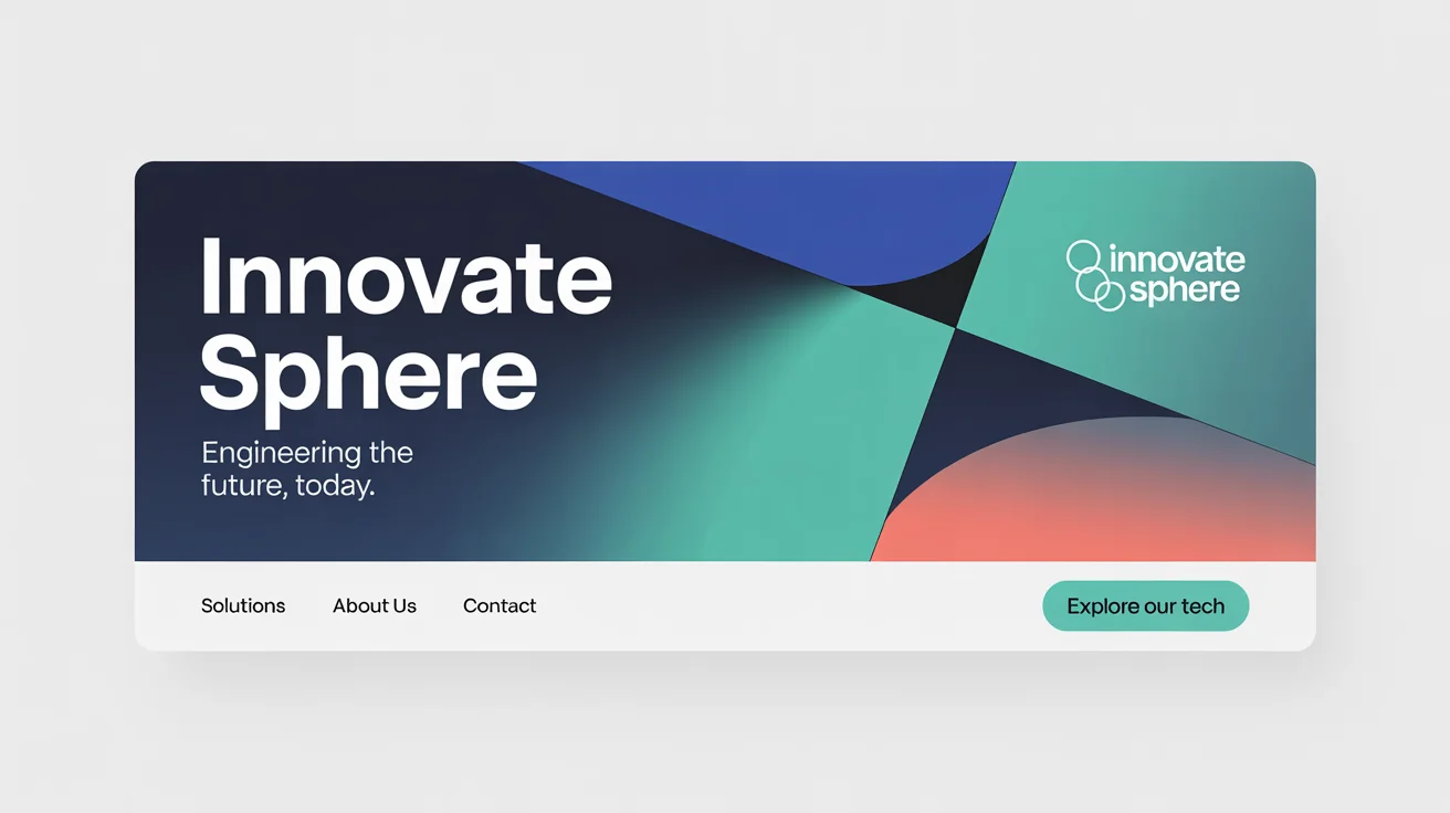 A professionally designed Facebook banner mockup for a tech startup named 'Innovate Sphere', featuring a modern blue and teal geometric design on a white background.