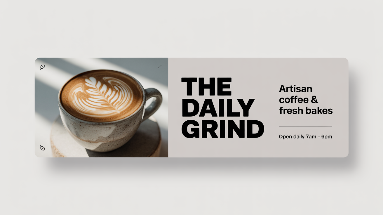 A custom Facebook banner mockup for a coffee shop called 'The Daily Grind', showcasing a photo of a cappuccino and business details on a white background.
