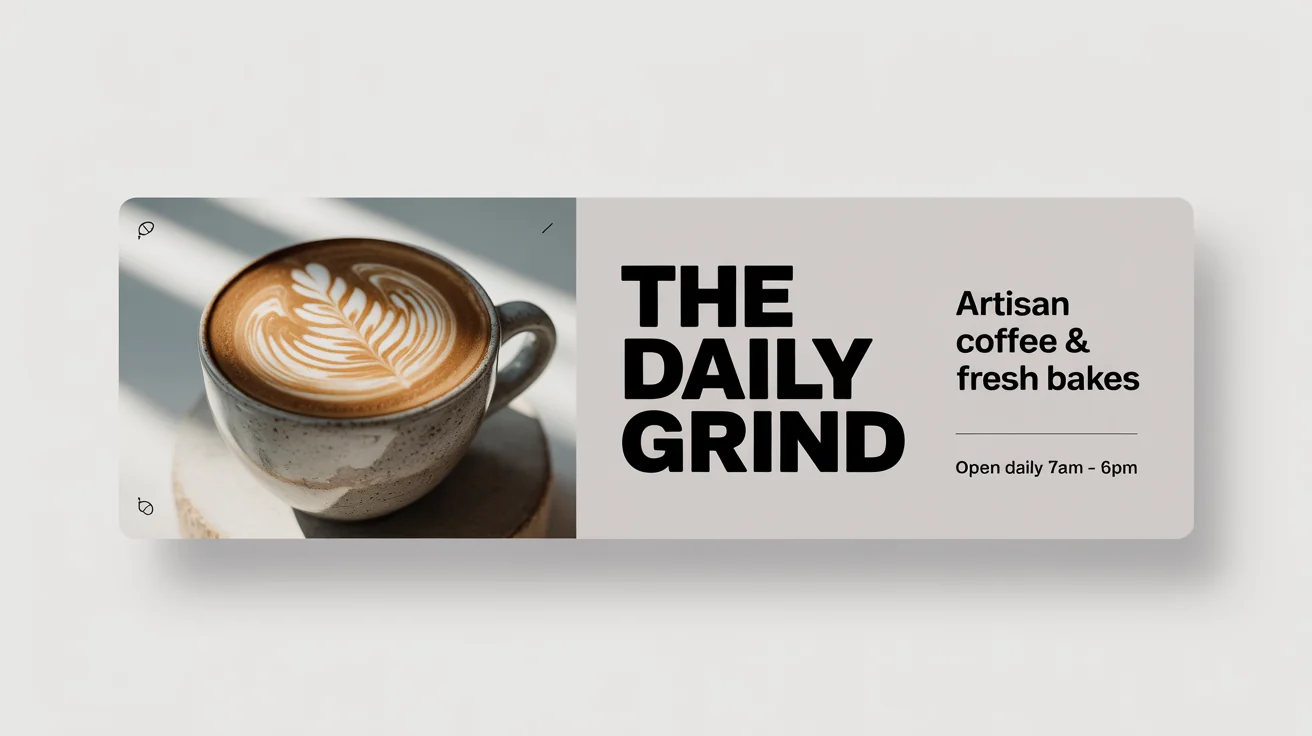 A custom Facebook banner mockup for a coffee shop called 'The Daily Grind', showcasing a photo of a cappuccino and business details on a white background.