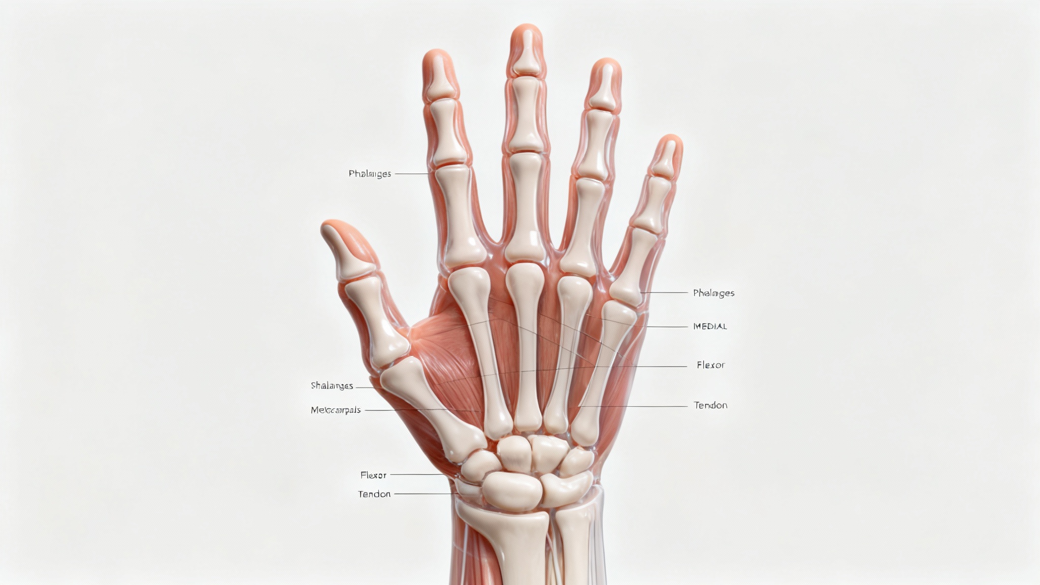 A detailed hero image displaying the anatomy of the human hand from multiple angles, including skeletal and muscular views, with clear labels for educational purposes.