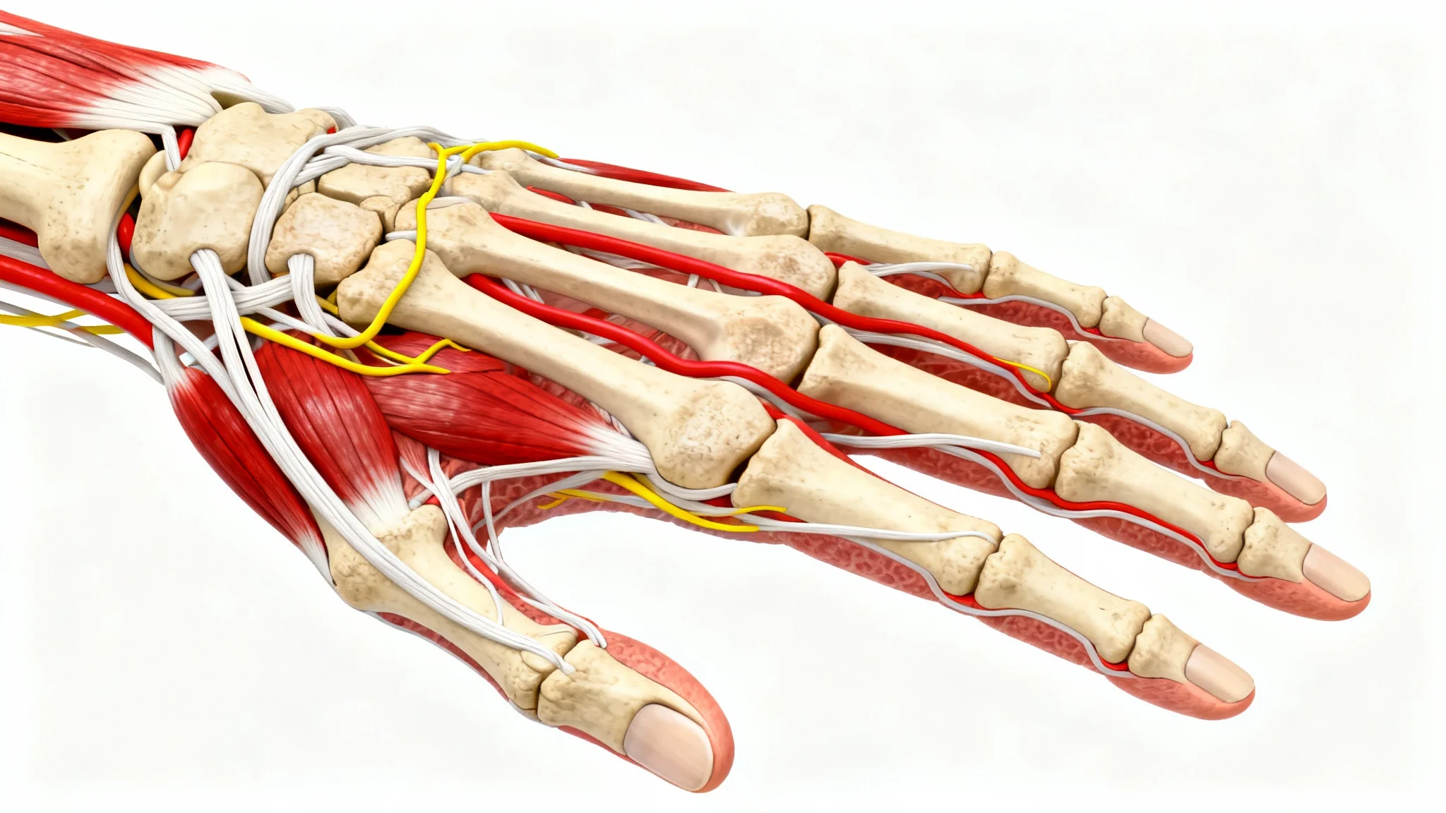 Anatomical illustration of a human hand, showing a detailed cross-section of bones, muscles, arteries, and nerves against a white background.