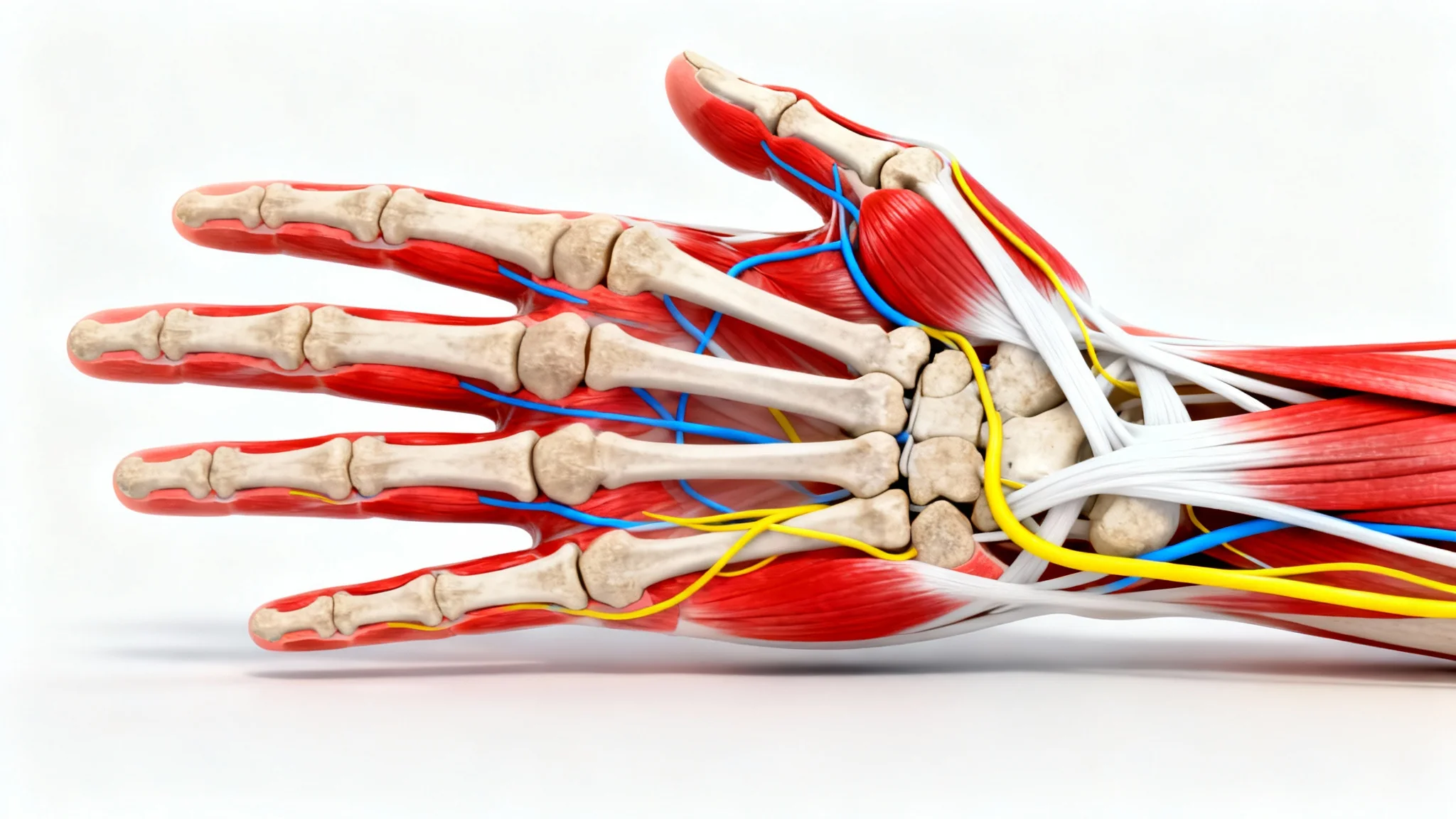 A detailed medical illustration of the anatomy of a human hand, showing the bones, muscles, tendons, and nerves against a clean white background.
