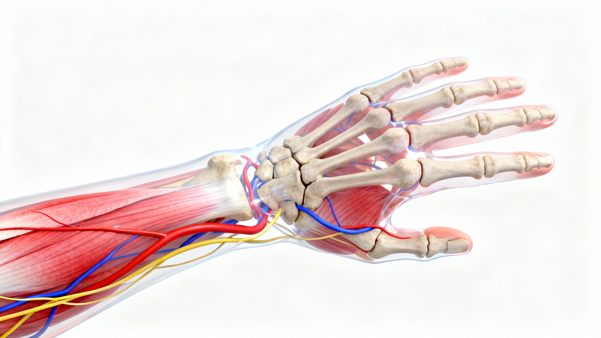 Detailed anatomical illustration of a human hand, showing the bones, muscles, nerves, and blood vessels against a white background.