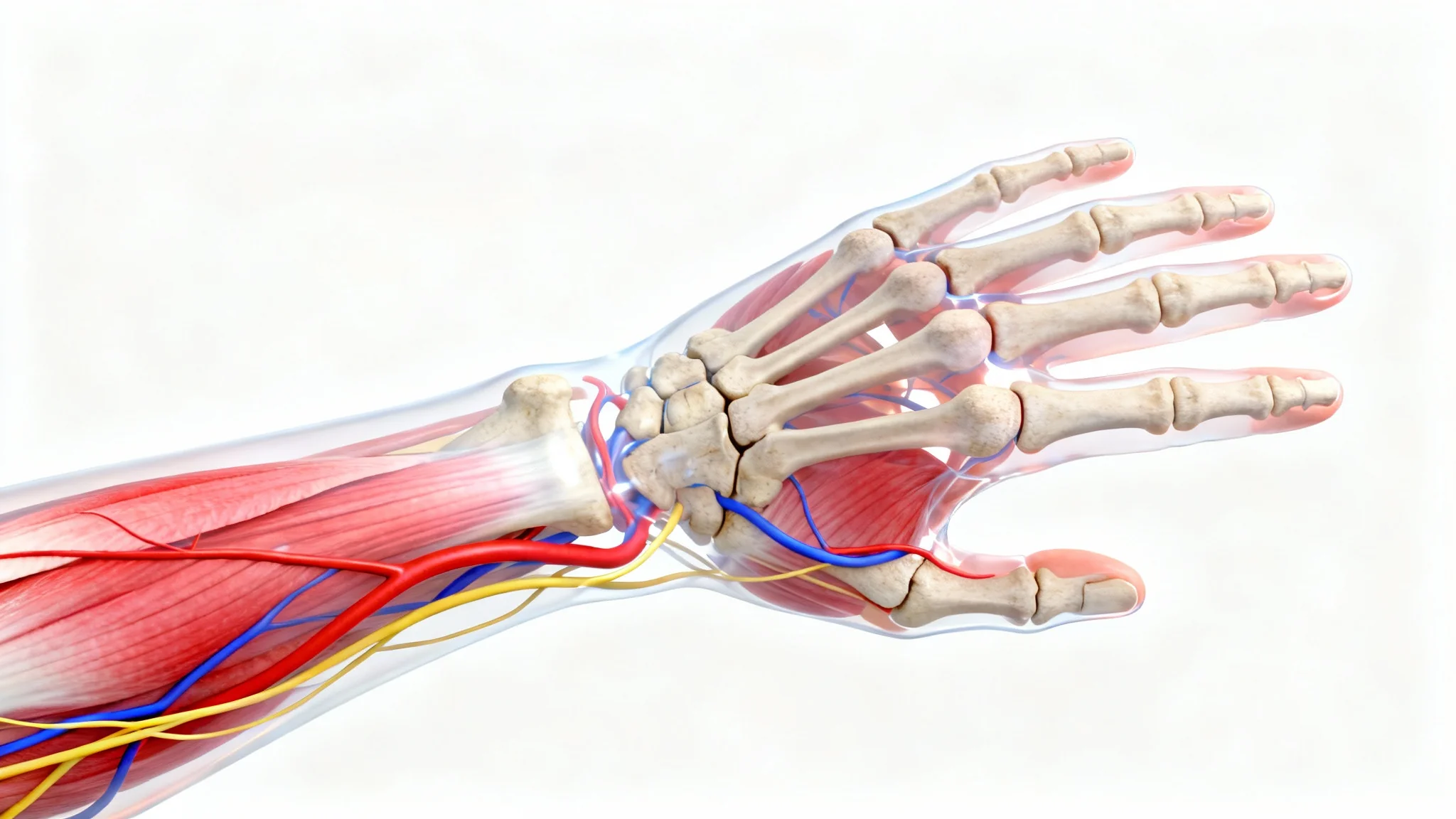 Detailed anatomical illustration of a human hand, showing the bones, muscles, nerves, and blood vessels against a white background.