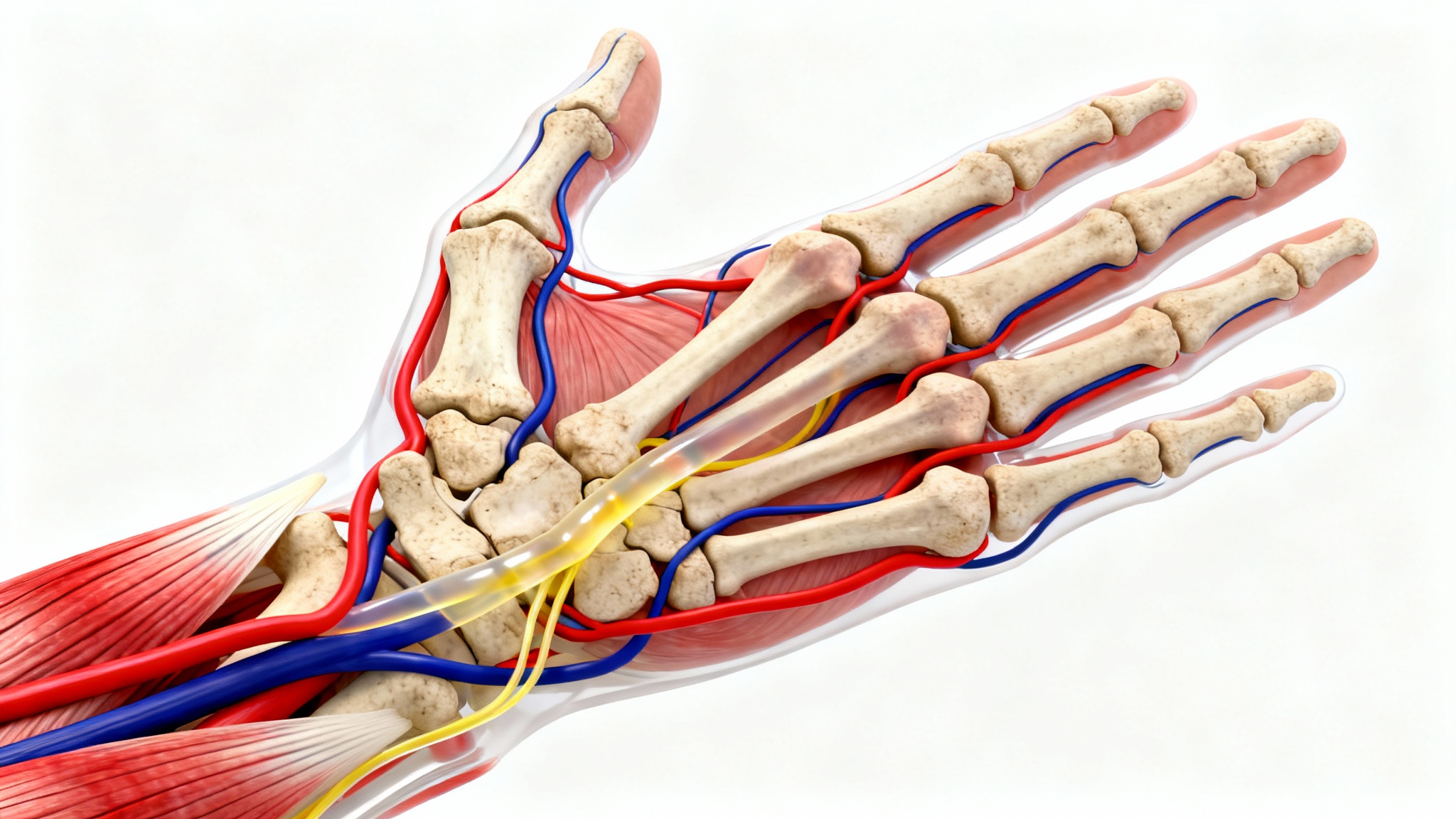 A detailed anatomical illustration of a human hand, showing the bones, muscles, nerves, and blood vessels against a clean white background.