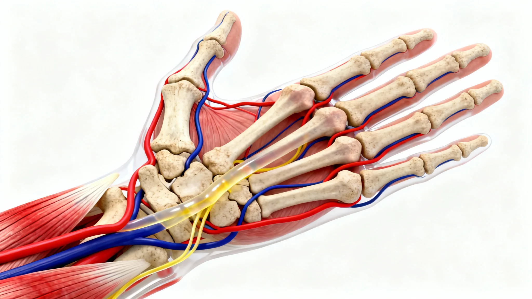 A detailed anatomical illustration of a human hand, showing the bones, muscles, nerves, and blood vessels against a clean white background.