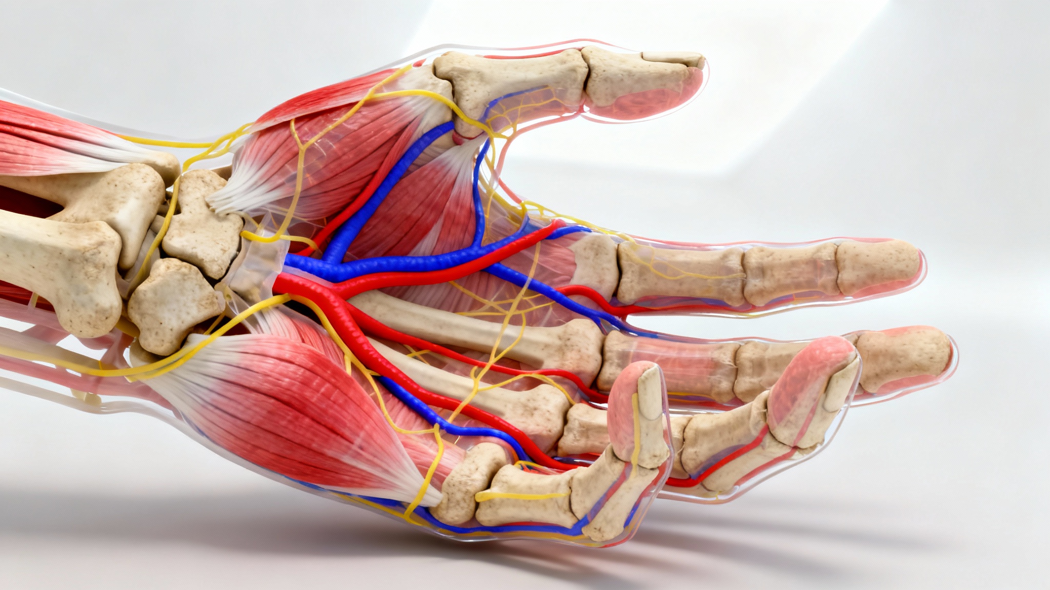 A scientifically accurate 3D medical illustration of a human hand's anatomy, detailing the bones, muscles, and nerves against a clean white background.