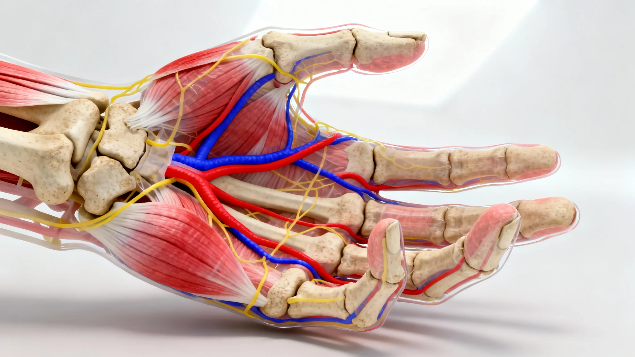 A scientifically accurate 3D medical illustration of a human hand's anatomy, detailing the bones, muscles, and nerves against a clean white background.