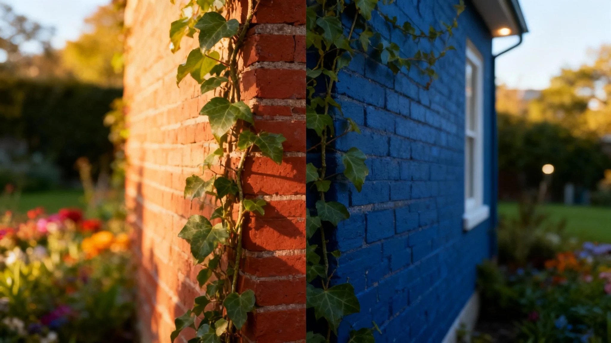 A split-screen hero image demonstrating a brick color change tool. The left half shows a house with traditional red bricks, while the right half shows the exact same house with the bricks changed to a vibrant deep blue.
