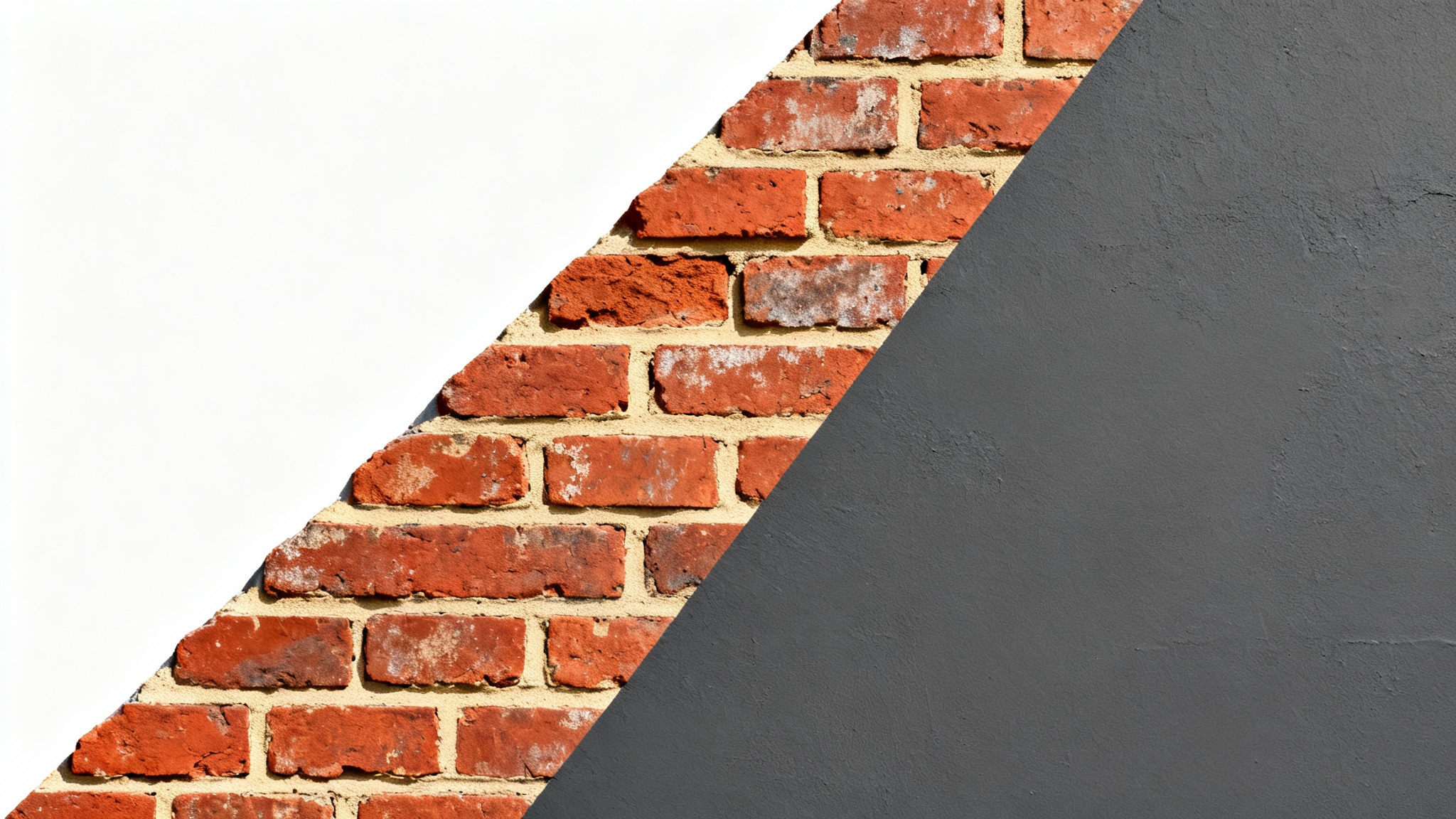 A brick wall demonstrating a color change, with one half showing traditional red bricks and the other half showing the same bricks painted charcoal gray.