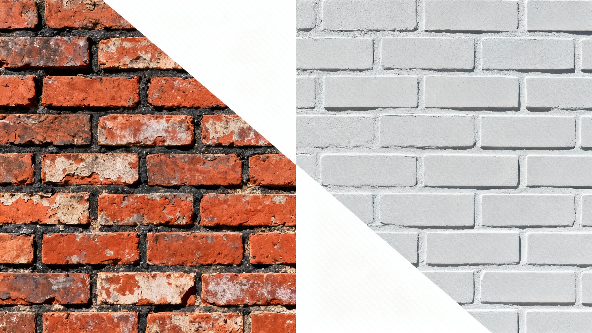 A before-and-after comparison of a brick wall. The left side shows old, weathered red bricks, while the right side shows the same wall painted a modern, stylish light gray.
