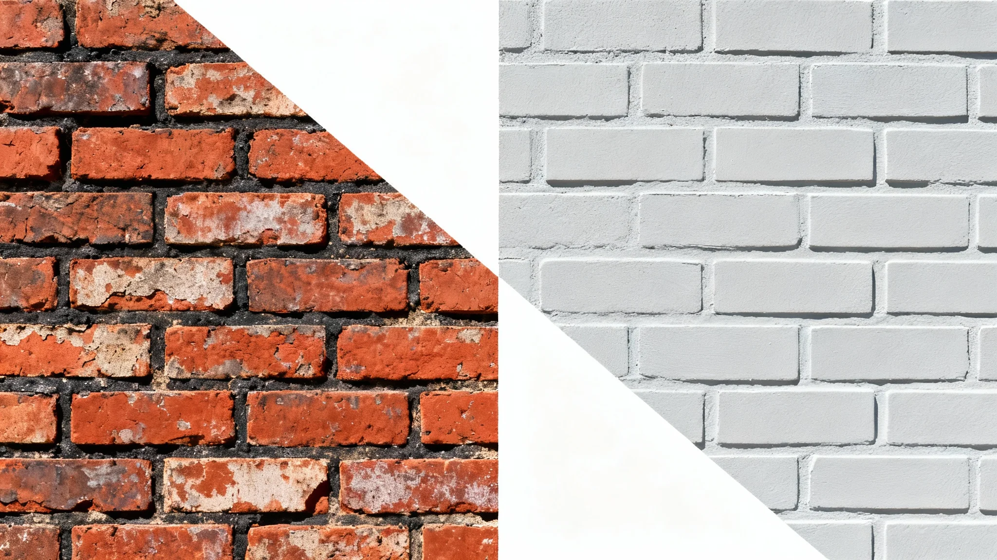 A before-and-after comparison of a brick wall. The left side shows old, weathered red bricks, while the right side shows the same wall painted a modern, stylish light gray.