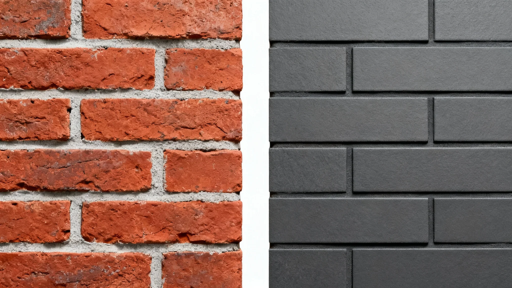 A before-and-after image of a brick wall, with the left side showing traditional red bricks and the right side showing the same bricks painted a modern charcoal grey, on a white background.