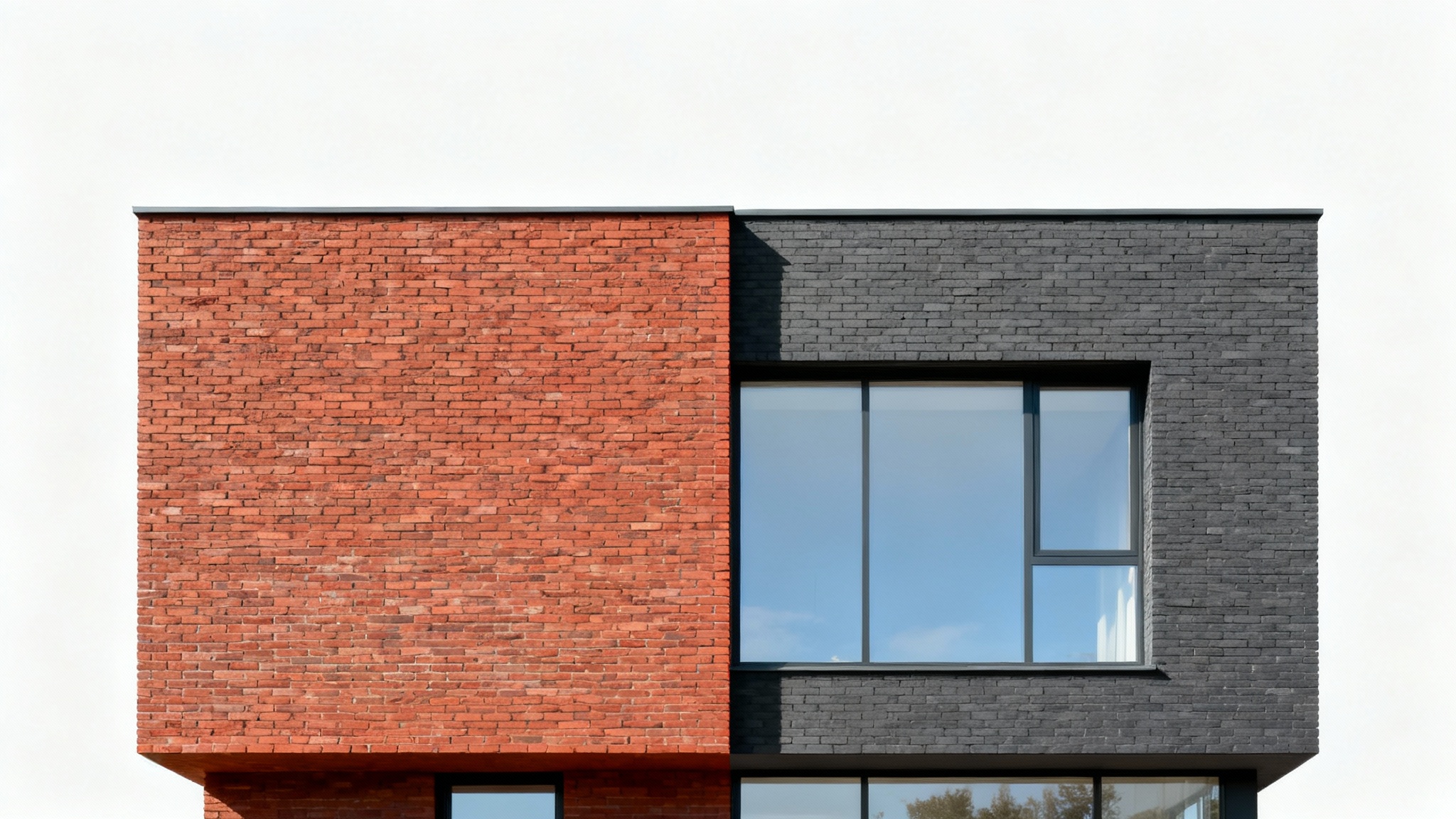 A modern brick house facade, split in the middle to show a color change from traditional red brick on one side to sleek charcoal gray brick on the other.