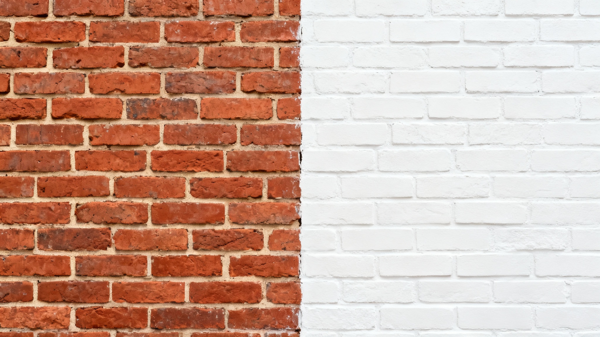 A mockup showing a brick wall that is half traditional red brick and half painted modern white, illustrating a brick color change.