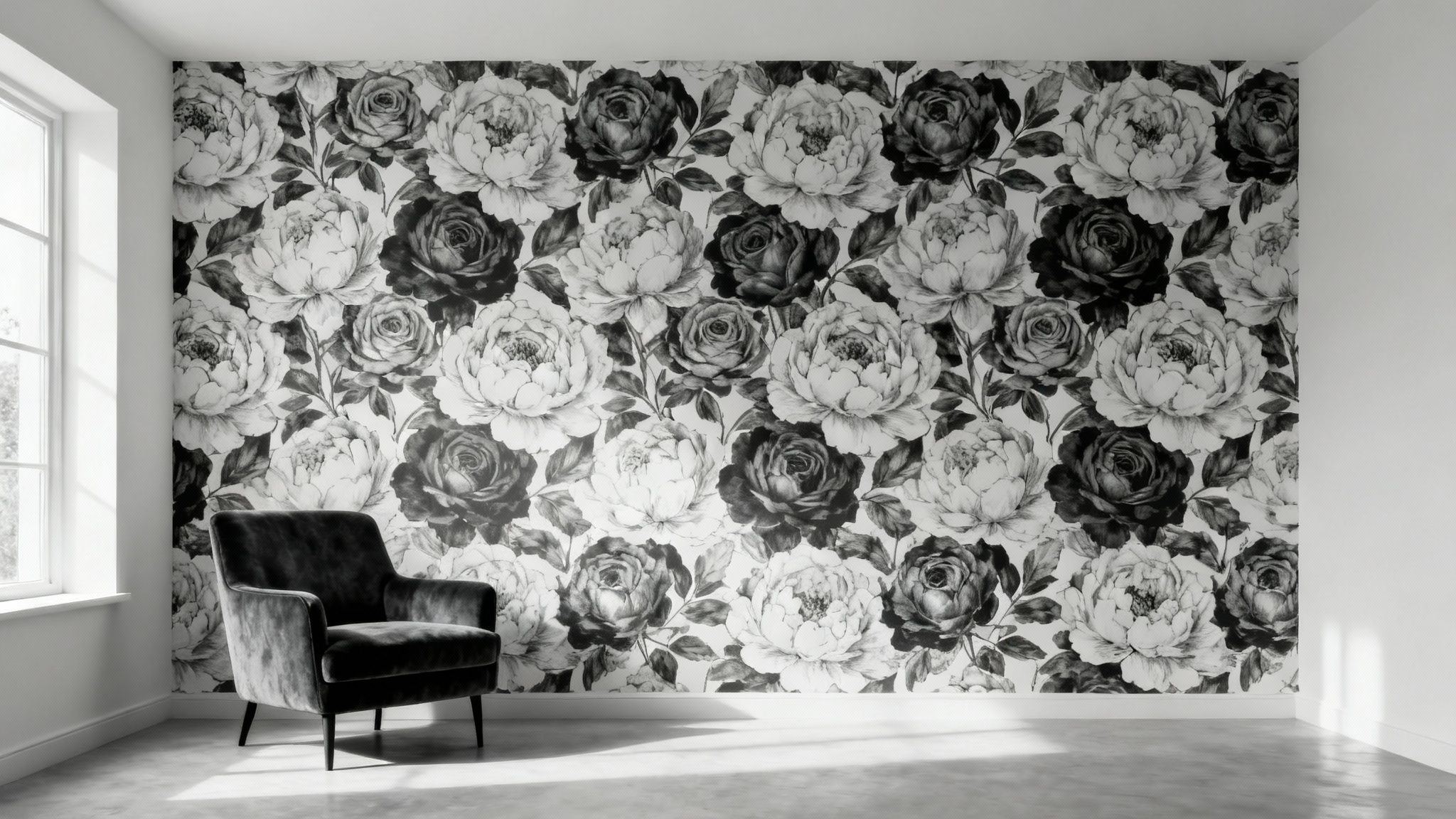 A beautifully designed modern room with a striking accent wall covered in a sophisticated black and white floral wallpaper featuring large peonies. A piece of minimalist furniture sits in front of the wall, creating an elegant interior design hero shot.