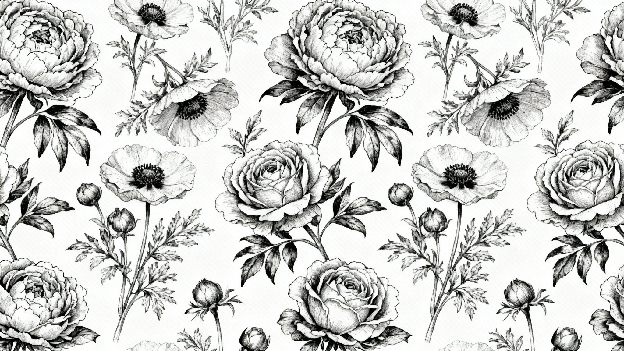 A close-up mockup of a beautiful black and white floral wallpaper, showcasing an intricate pattern of hand-drawn flowers and leaves on a clean white background.