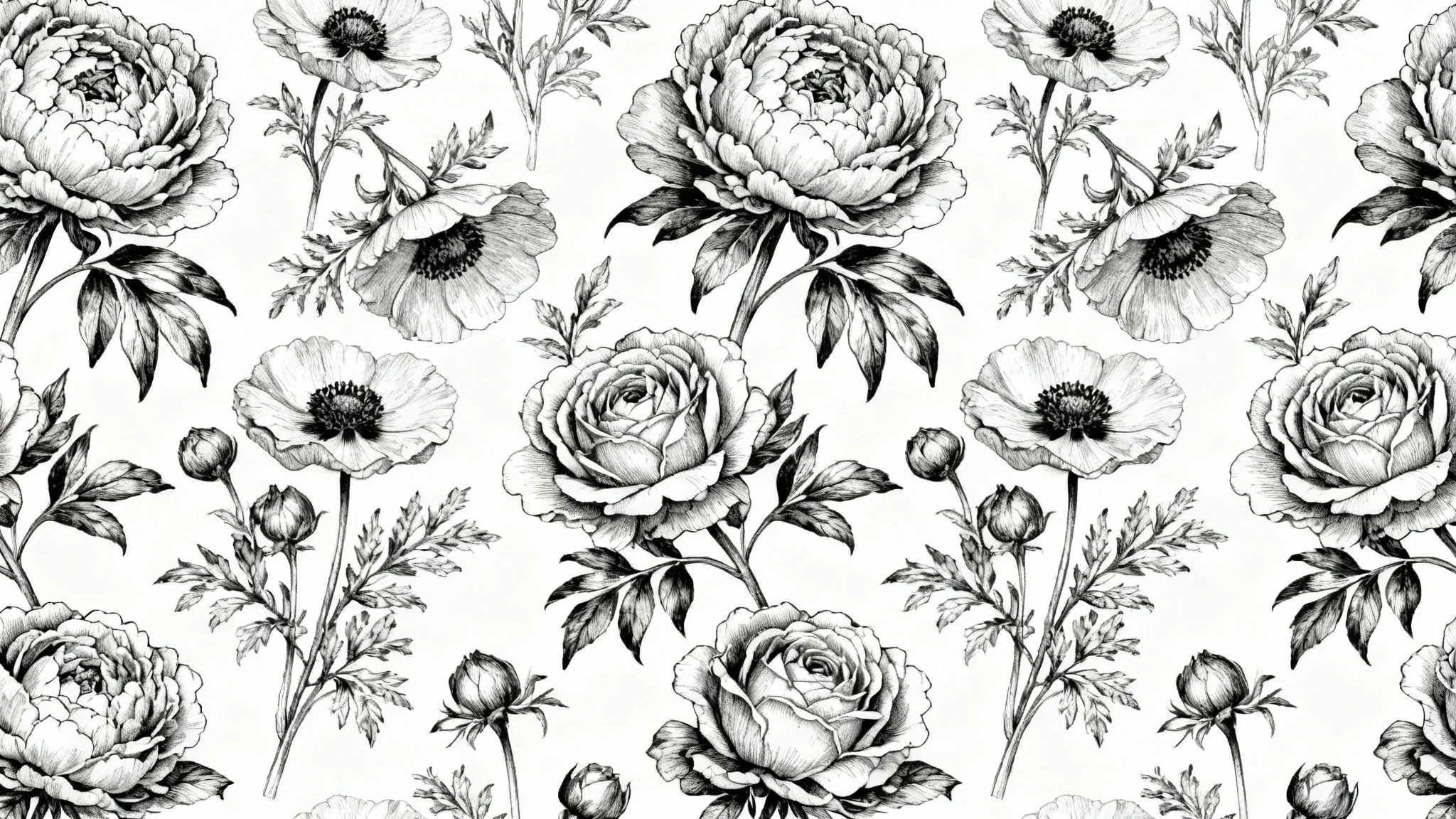 A close-up mockup of a beautiful black and white floral wallpaper, showcasing an intricate pattern of hand-drawn flowers and leaves on a clean white background.
