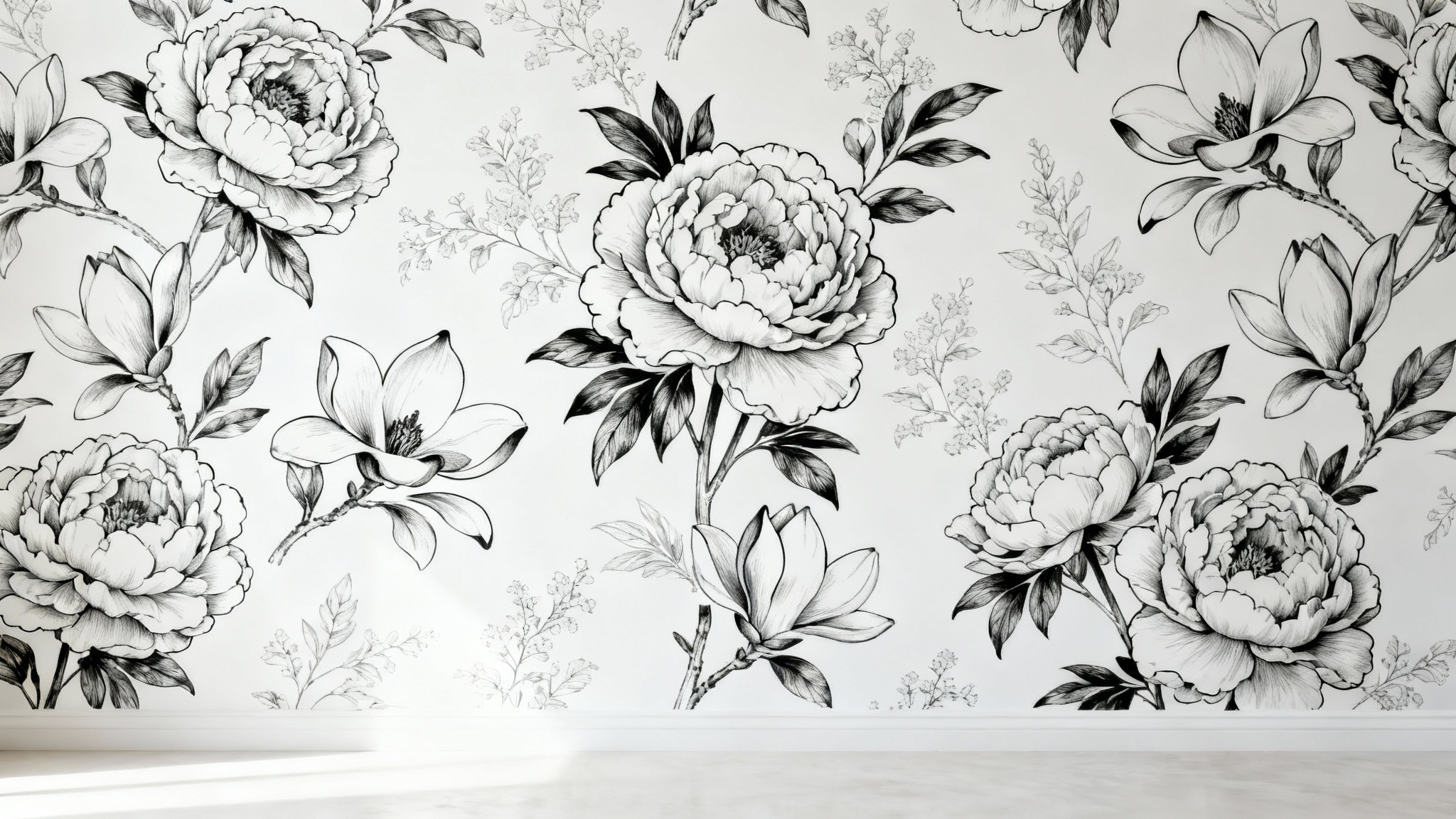 A detailed mockup of a black and white floral wallpaper, showcasing an elegant pattern of black-lined peonies and magnolias on a crisp white background.