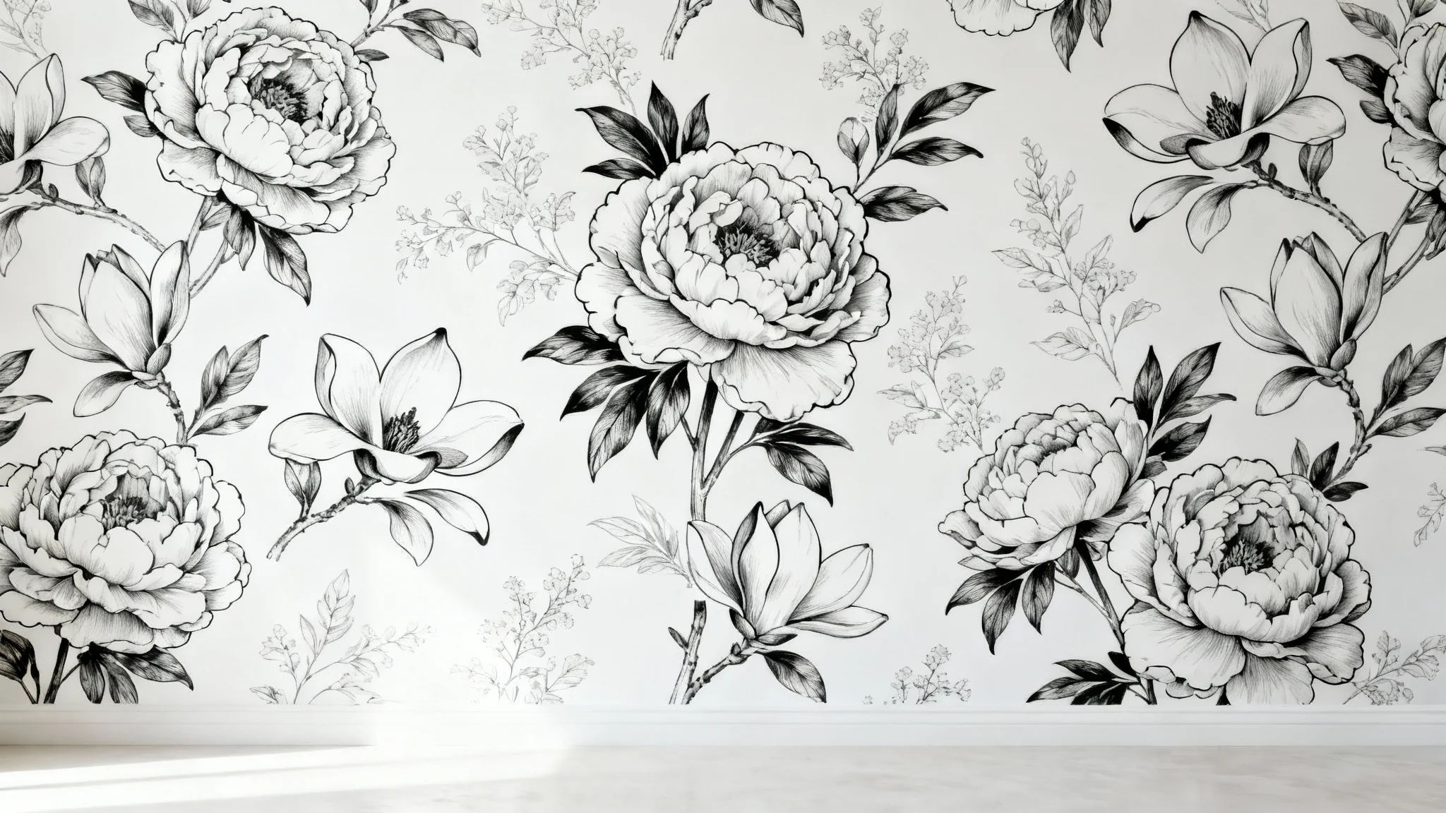 A detailed mockup of a black and white floral wallpaper, showcasing an elegant pattern of black-lined peonies and magnolias on a crisp white background.
