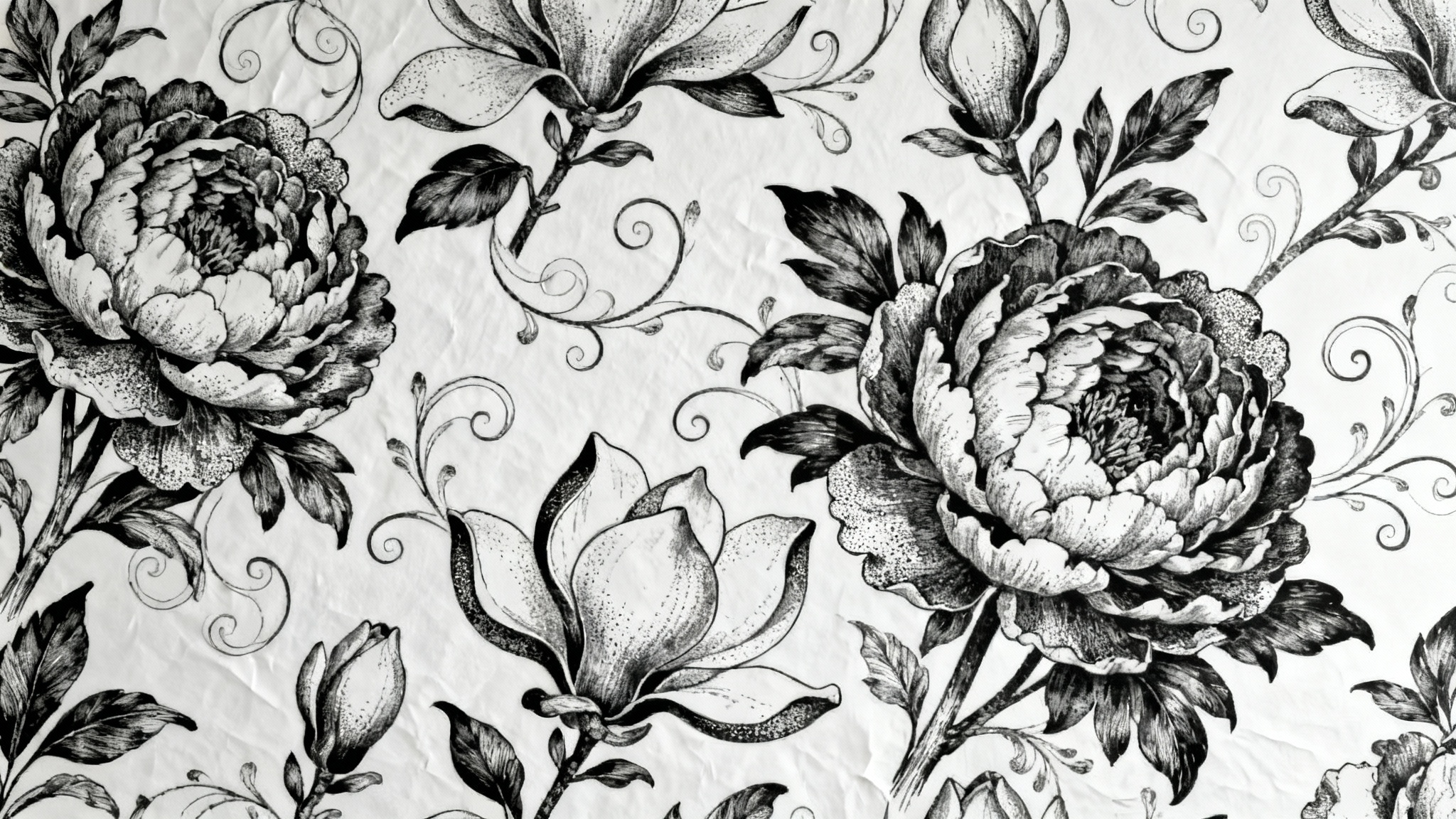 A close-up of a sophisticated black and white floral wallpaper, showcasing an intricate, repeating pattern of hand-drawn peonies and magnolias on a clean white background.