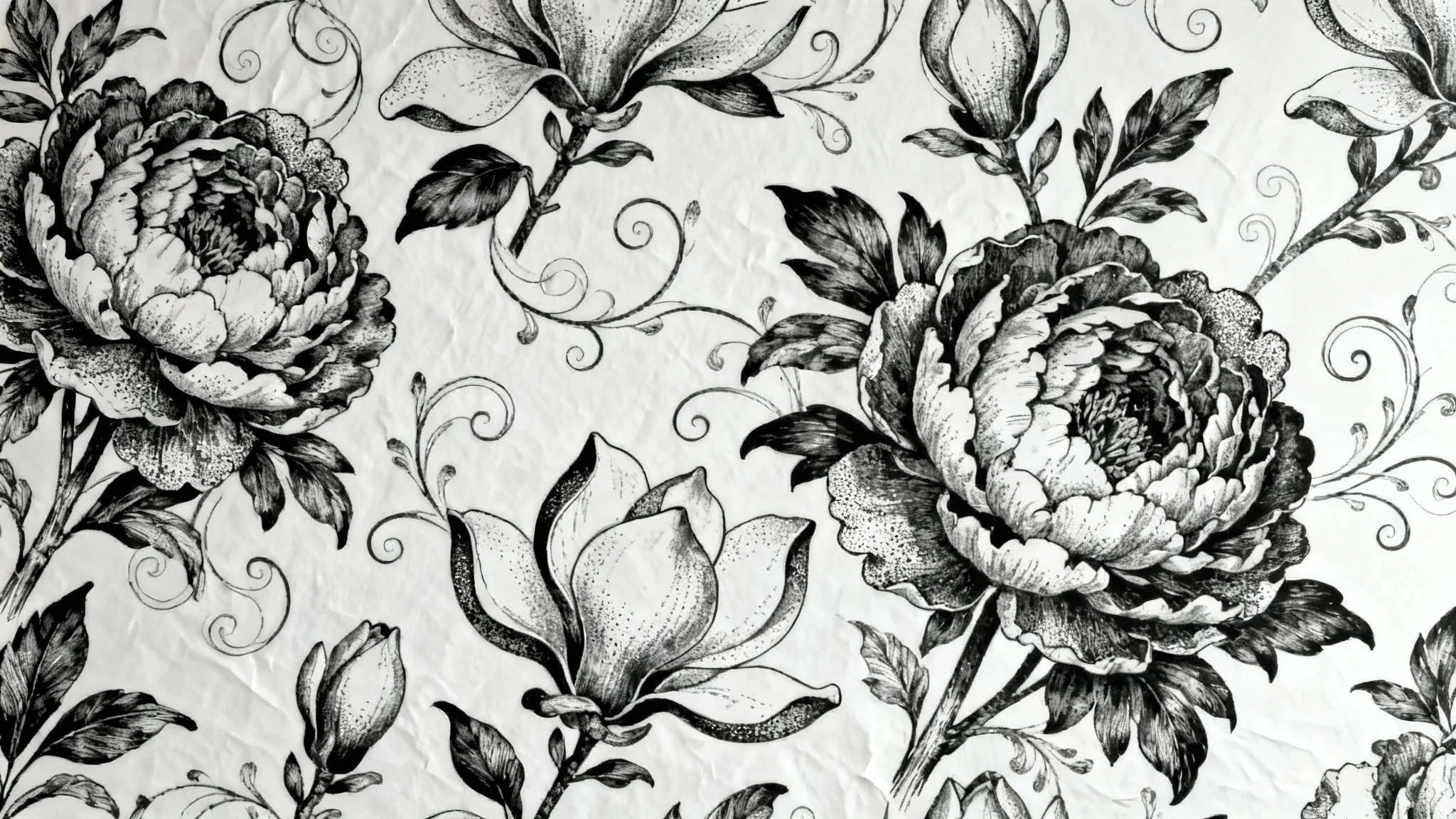 A close-up of a sophisticated black and white floral wallpaper, showcasing an intricate, repeating pattern of hand-drawn peonies and magnolias on a clean white background.