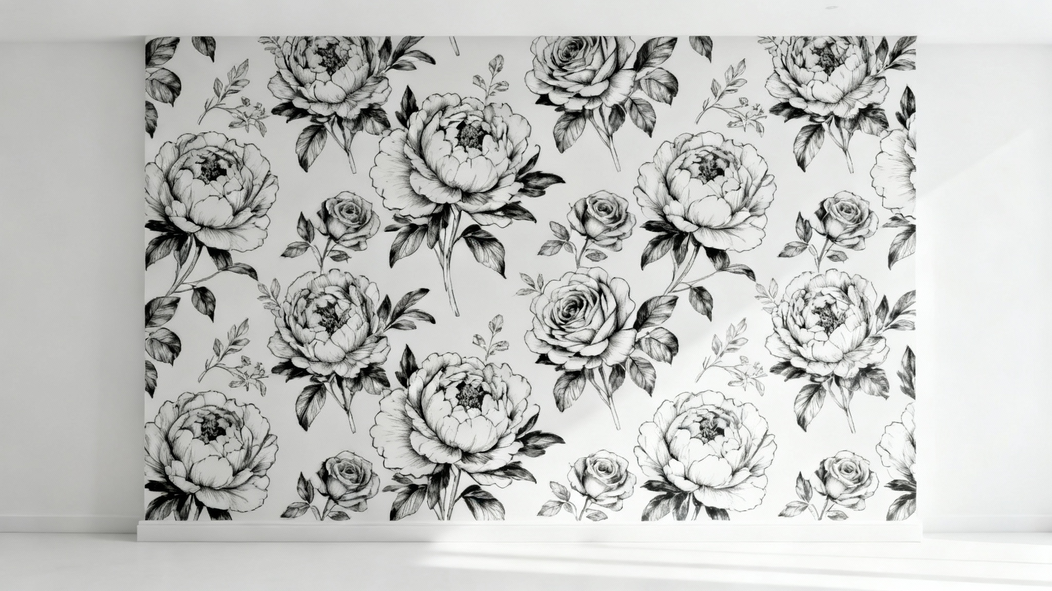 A close-up mockup of a wall adorned with elegant black and white floral wallpaper, featuring a detailed pattern of hand-drawn peonies and leaves on a clean white background.