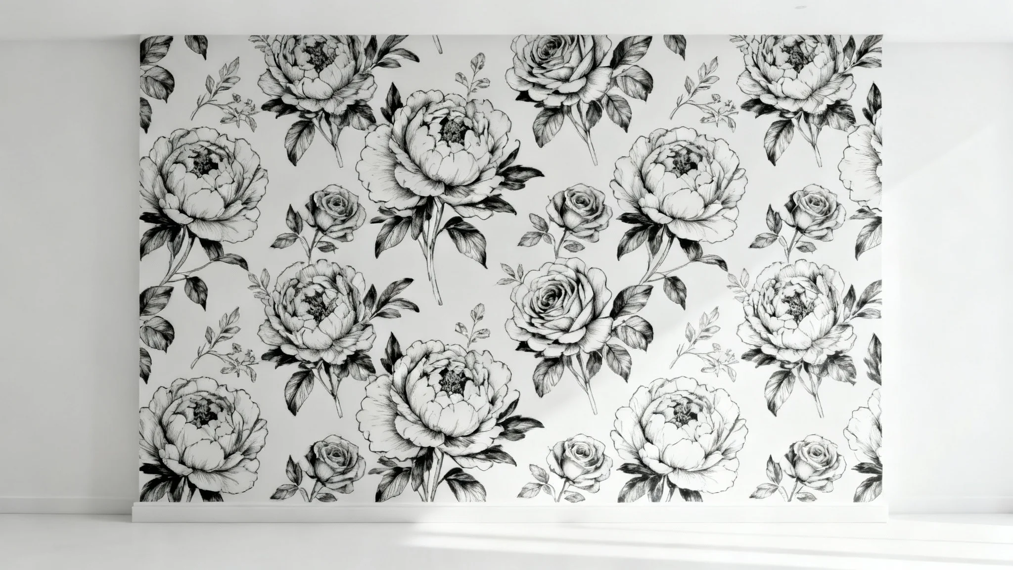A close-up mockup of a wall adorned with elegant black and white floral wallpaper, featuring a detailed pattern of hand-drawn peonies and leaves on a clean white background.