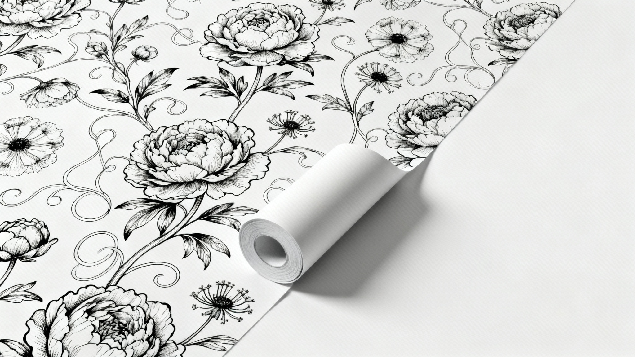 A product mockup of a roll of elegant black and white floral wallpaper, partially unrolled to show the intricate botanical line art pattern against a clean white surface.