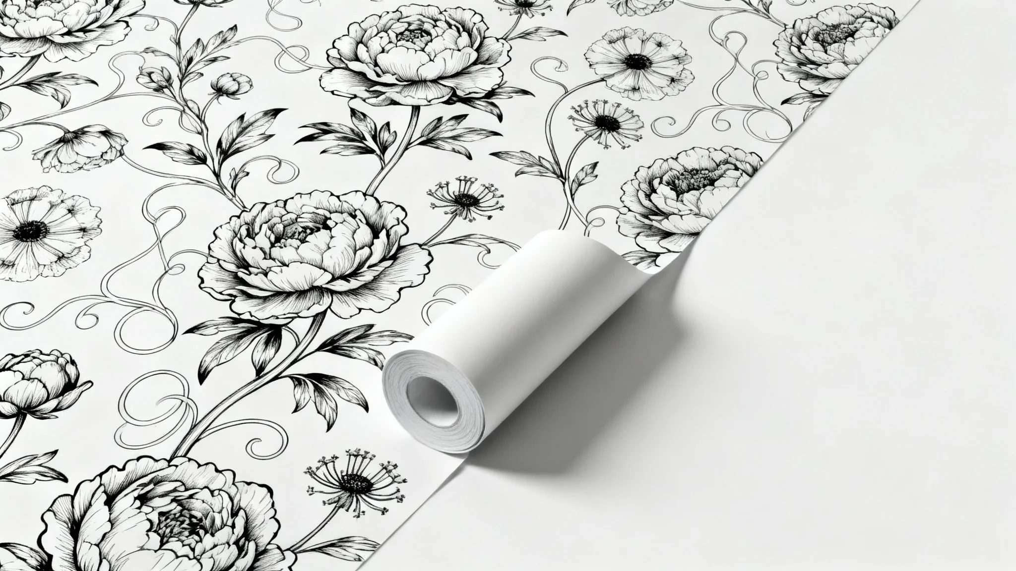A product mockup of a roll of elegant black and white floral wallpaper, partially unrolled to show the intricate botanical line art pattern against a clean white surface.