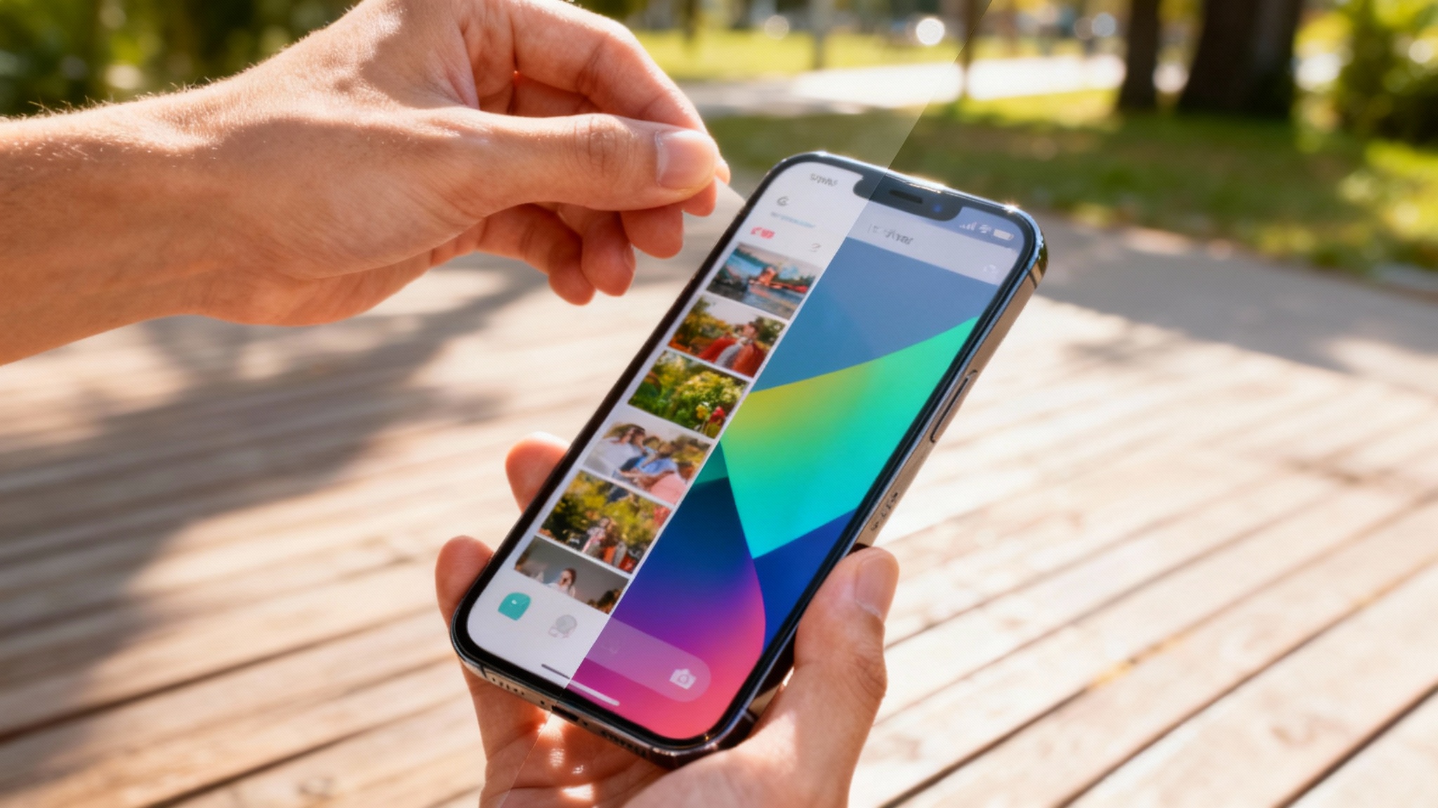 A before-and-after image demonstrating a glare removal feature. The 'before' side shows a smartphone screen washed out by sun glare, while the 'after' side shows the same screen with a crystal-clear, vibrant display.