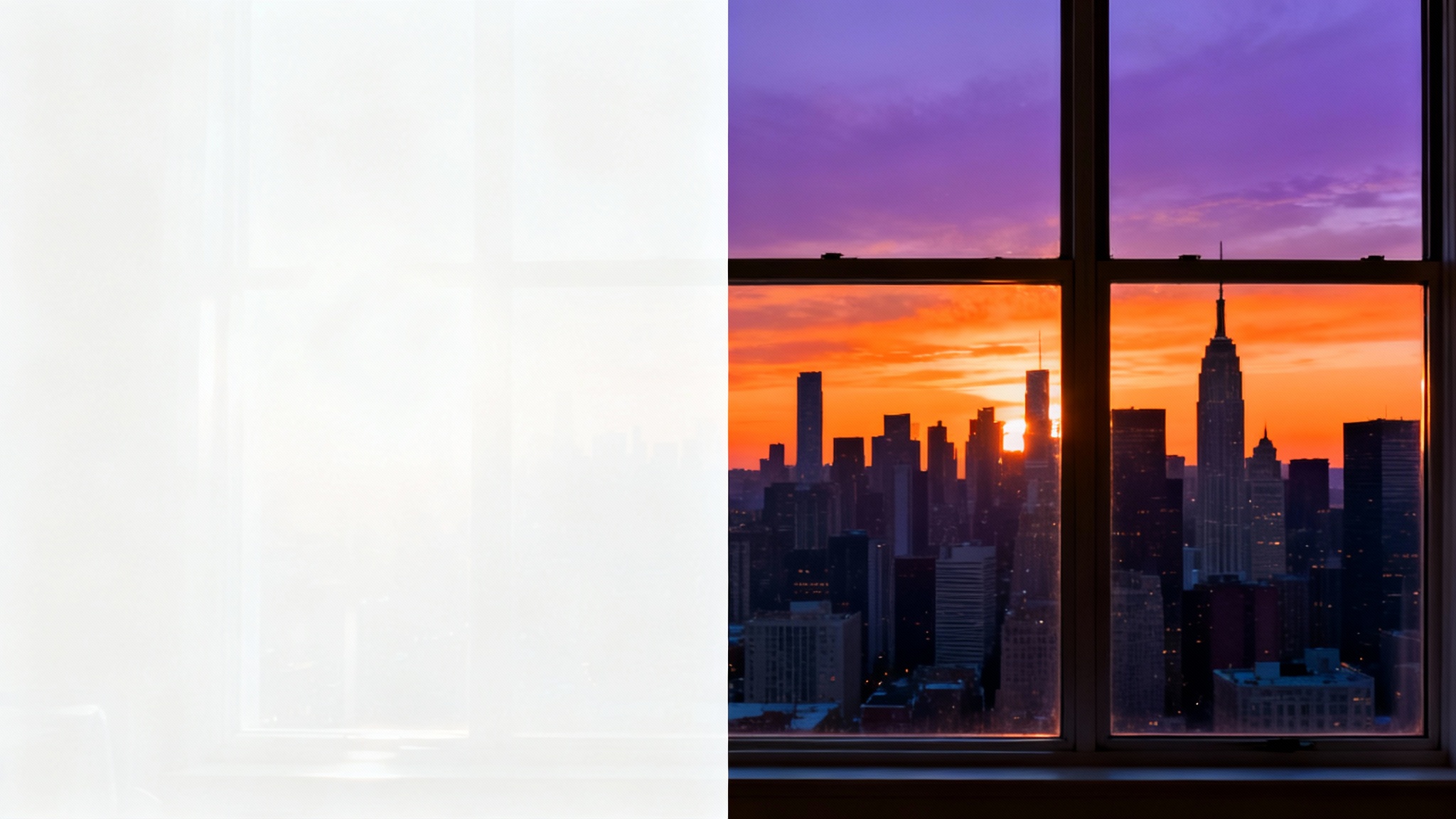 A before-and-after comparison showing the effect of removing glare. The left side shows a photo of a city skyline obscured by a bright reflection, and the right side shows the same photo perfectly clear and vibrant.