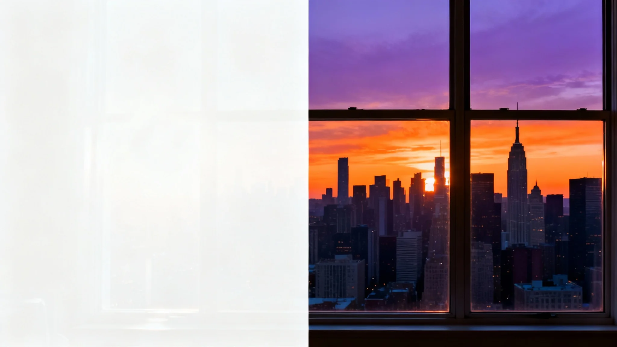 A before-and-after comparison showing the effect of removing glare. The left side shows a photo of a city skyline obscured by a bright reflection, and the right side shows the same photo perfectly clear and vibrant.