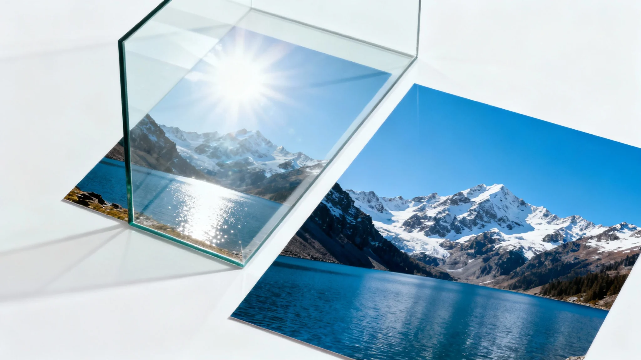 A before-and-after image demonstrating glare removal on a photograph. One side shows the photo obscured by bright glare, while the other side is perfectly clear and detailed.